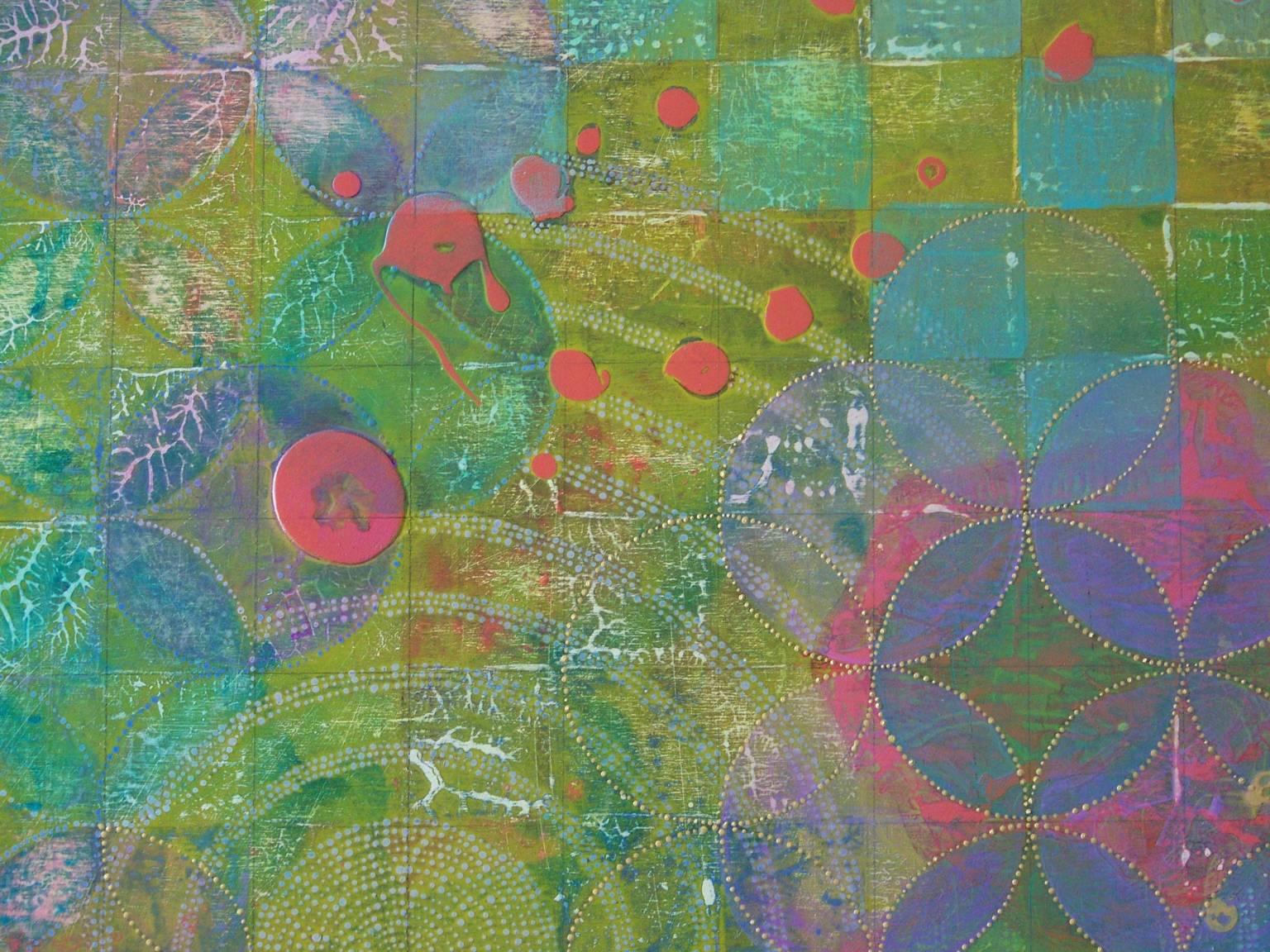 „Circles 33“, abstraktes, grünes, magentafarbenes, rosafarbenes, Koralle, Acrylgemälde (Grau), Abstract Painting, von Denise Driscoll