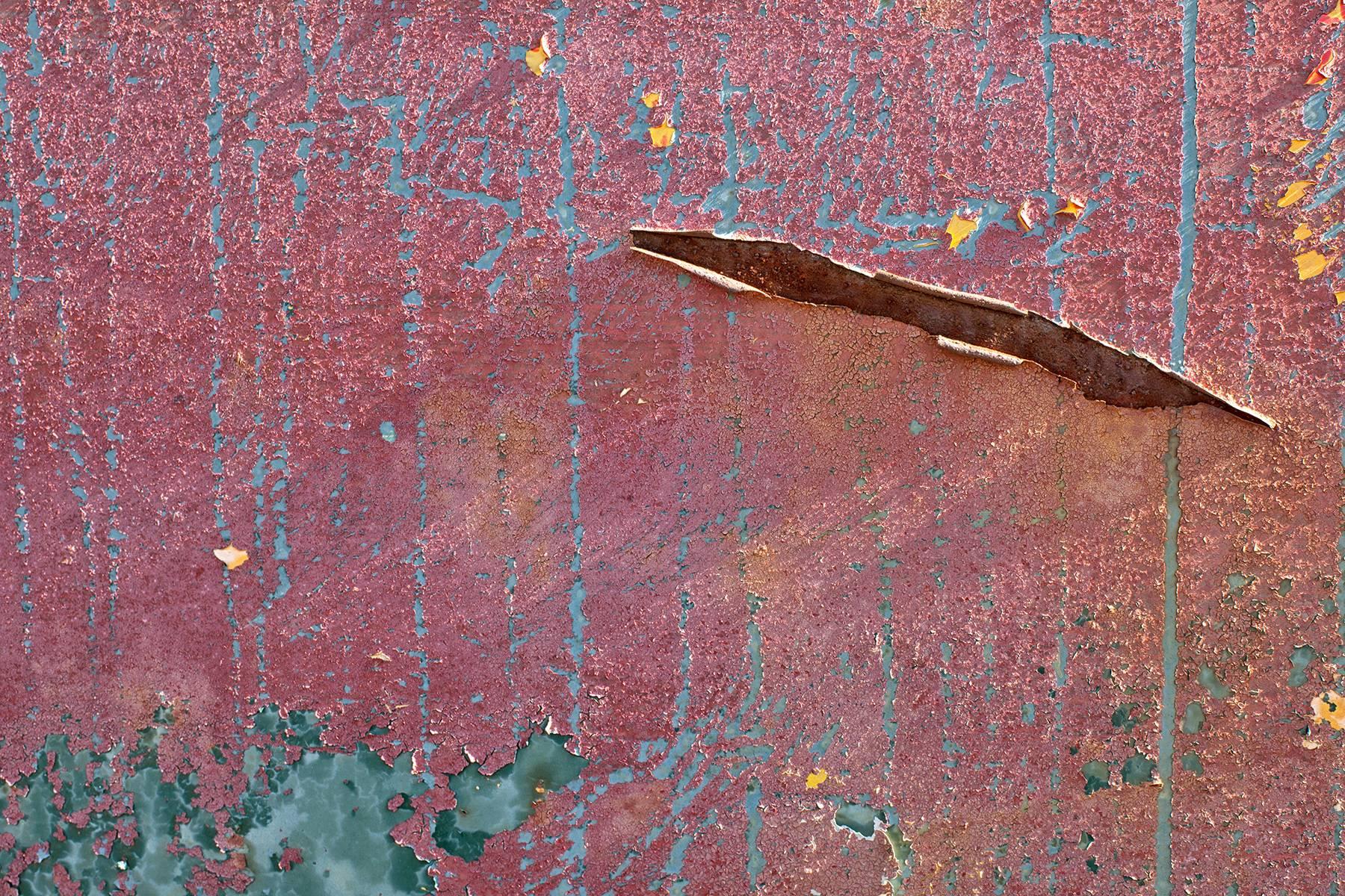 "Rip", color photograph, abstract, texture, rusted, weathered, pink, blue