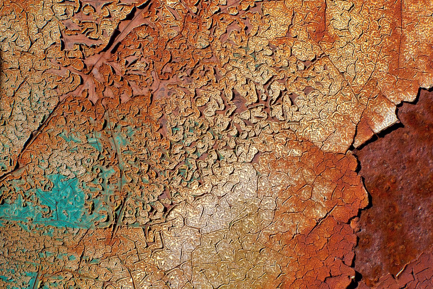 "Rough Terrain", abstract, color photo, metal print, rust, blue, earth tones