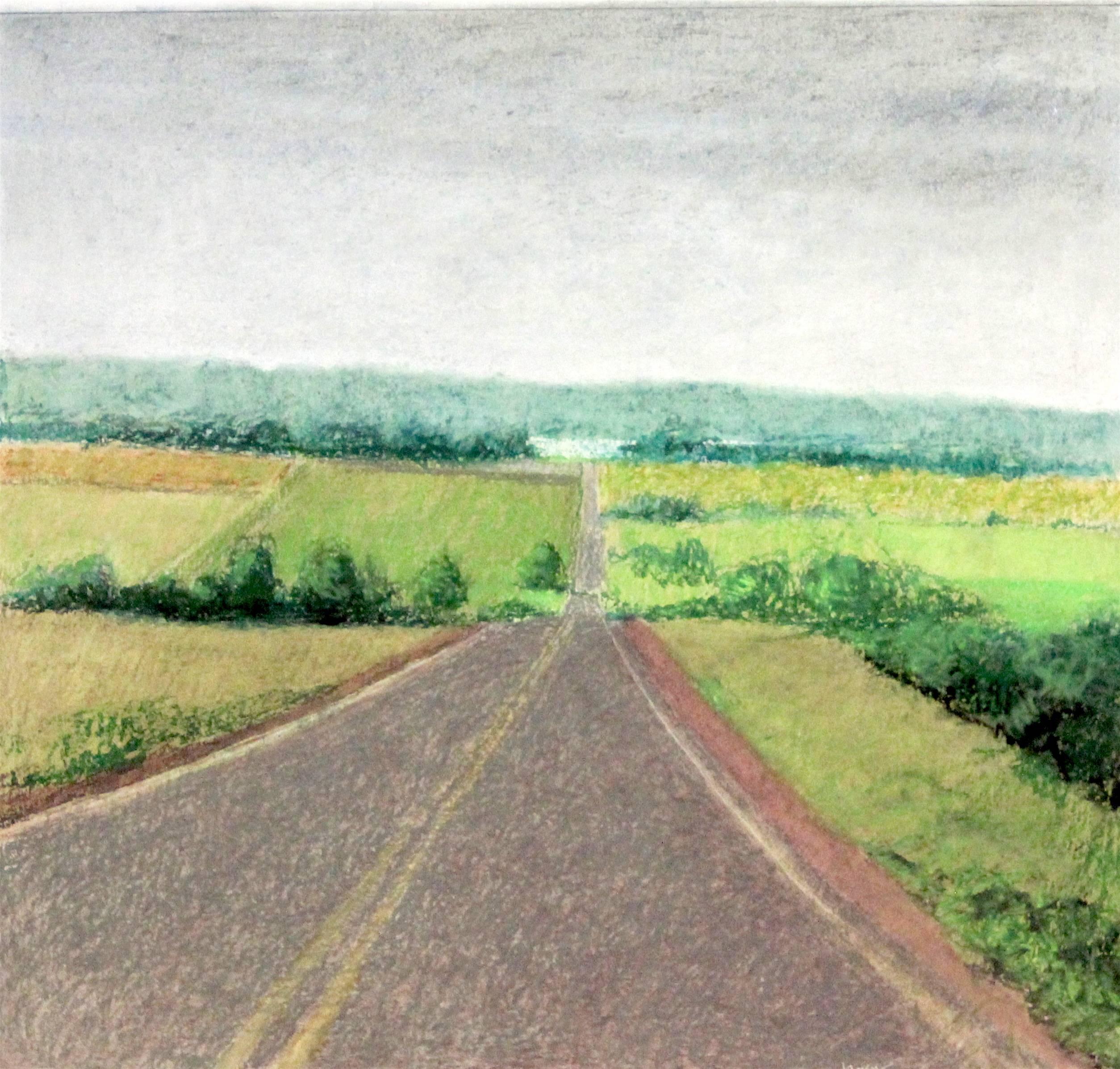 James Wilson Rayen Landscape Art - "Untitled Pastel #4", pastel drawing, landscape, road, fields, summer, green