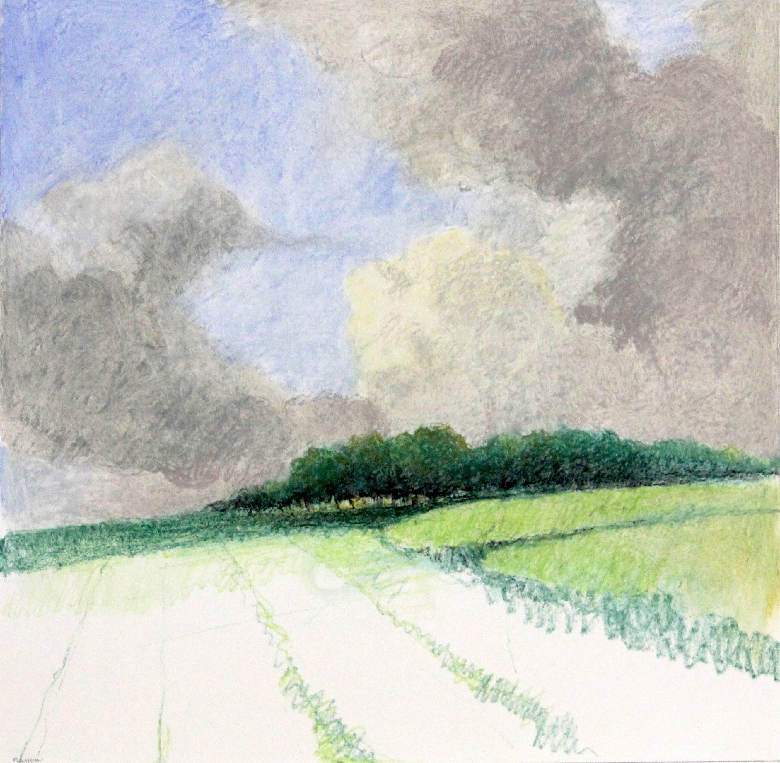 "Untitled Pastel #7", landscape, fields, summer, green, pastel drawing - Art by James Wilson Rayen
