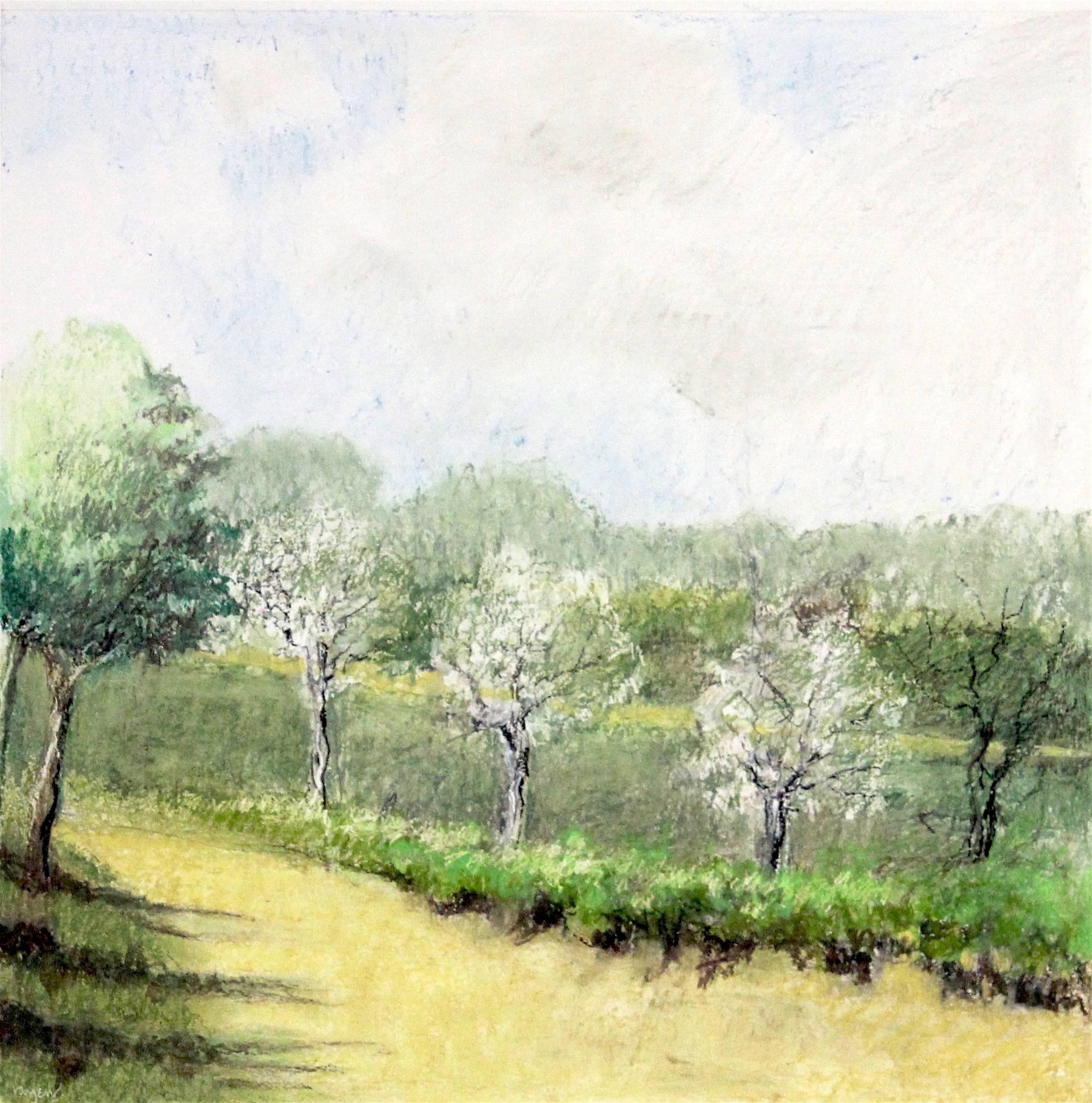 "Untitled Pastel #11", landscape, trees, spring, summer, green, pastel drawing - Art by James Wilson Rayen