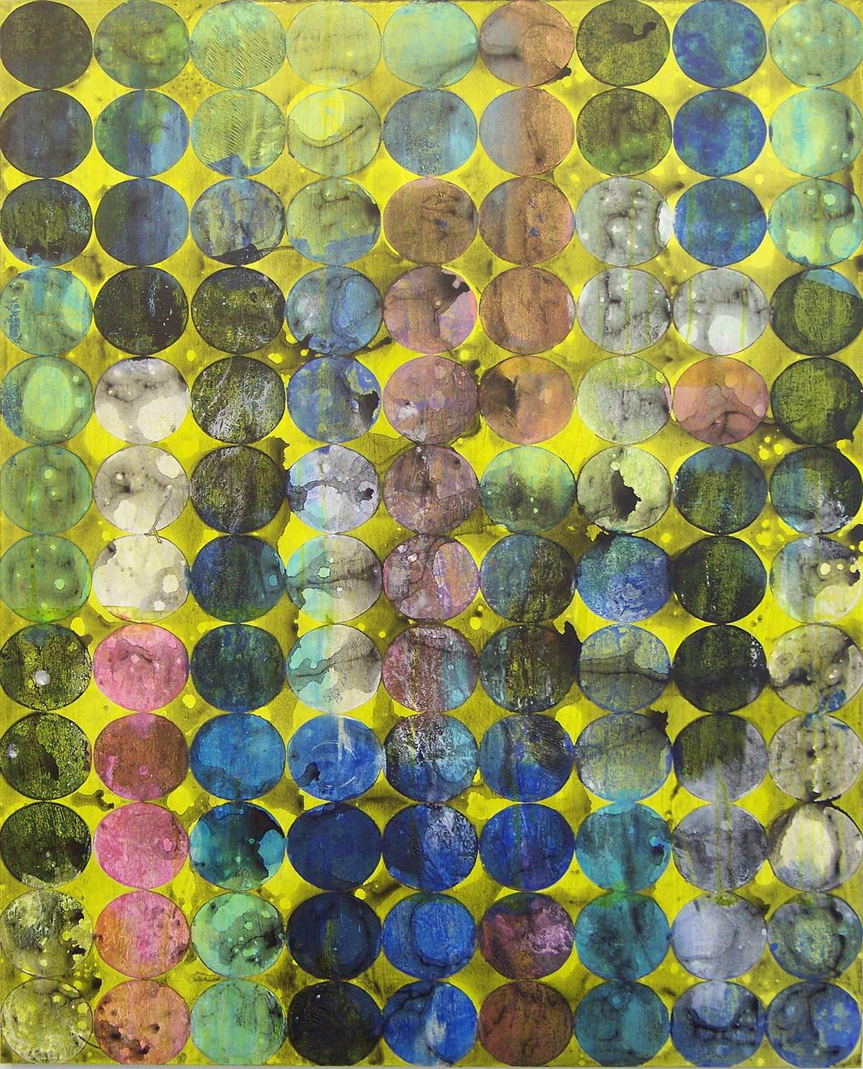 "Circles 41", abstract, acrylic painting, multicolored, green, yellow, gold