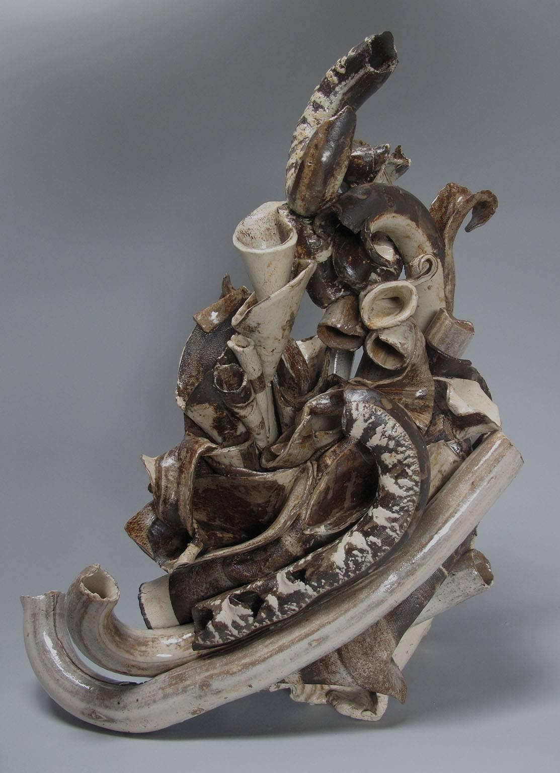 "Raft", abstract, ceramic, sculpture, stoneware, neutral tones, browns, whites - Sculpture by Sara Fine-Wilson