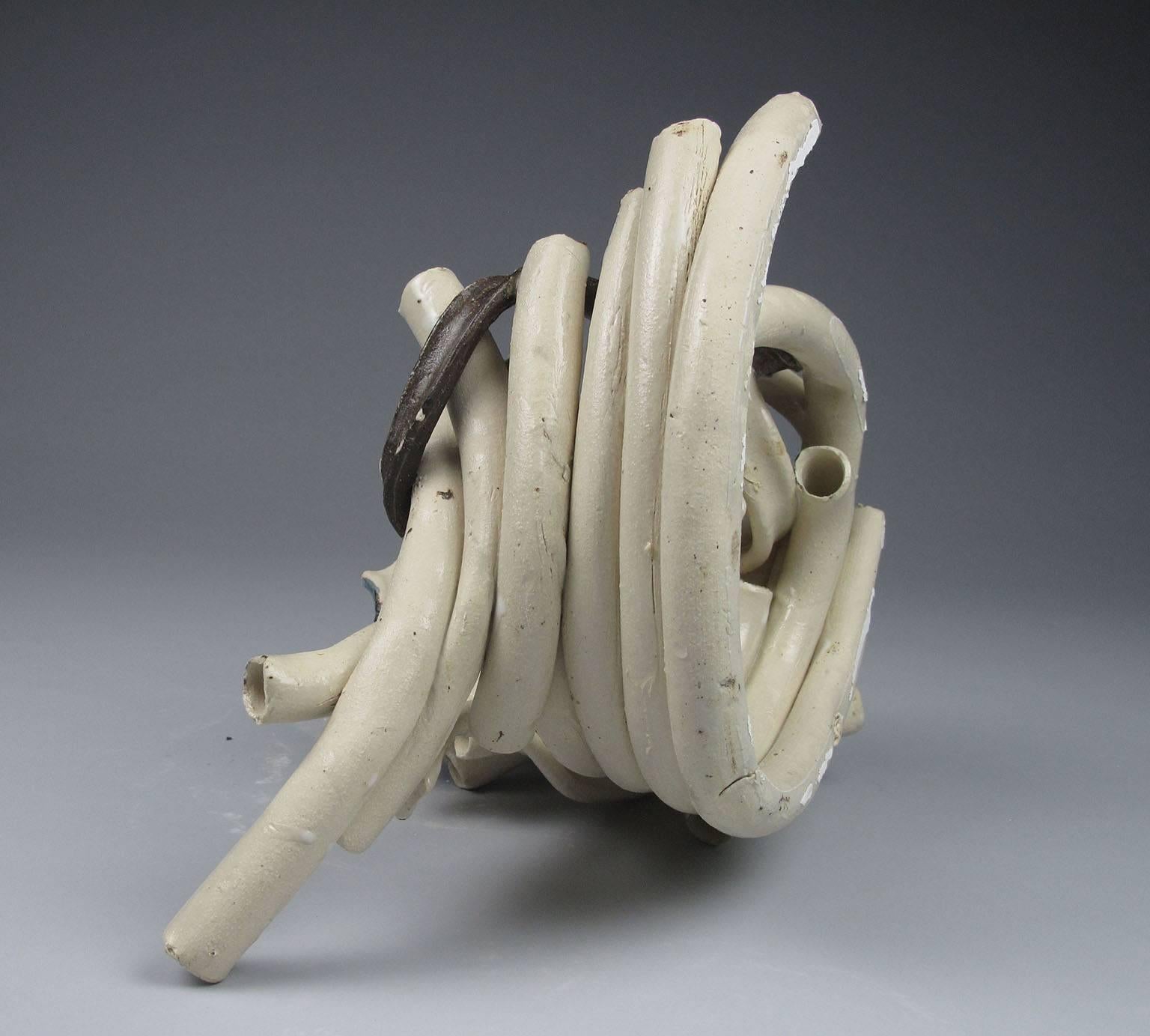 "Twist", abstract, ceramic, stoneware, white, brown, sculpture - Sculpture by Sara Fine-Wilson