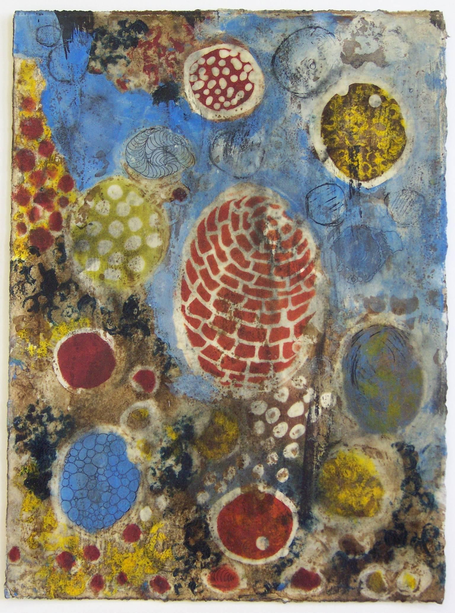 "Cosmology Sketch 1", abstract, red, blue, yellow, mixed media, drawing - Art by Denise Driscoll
