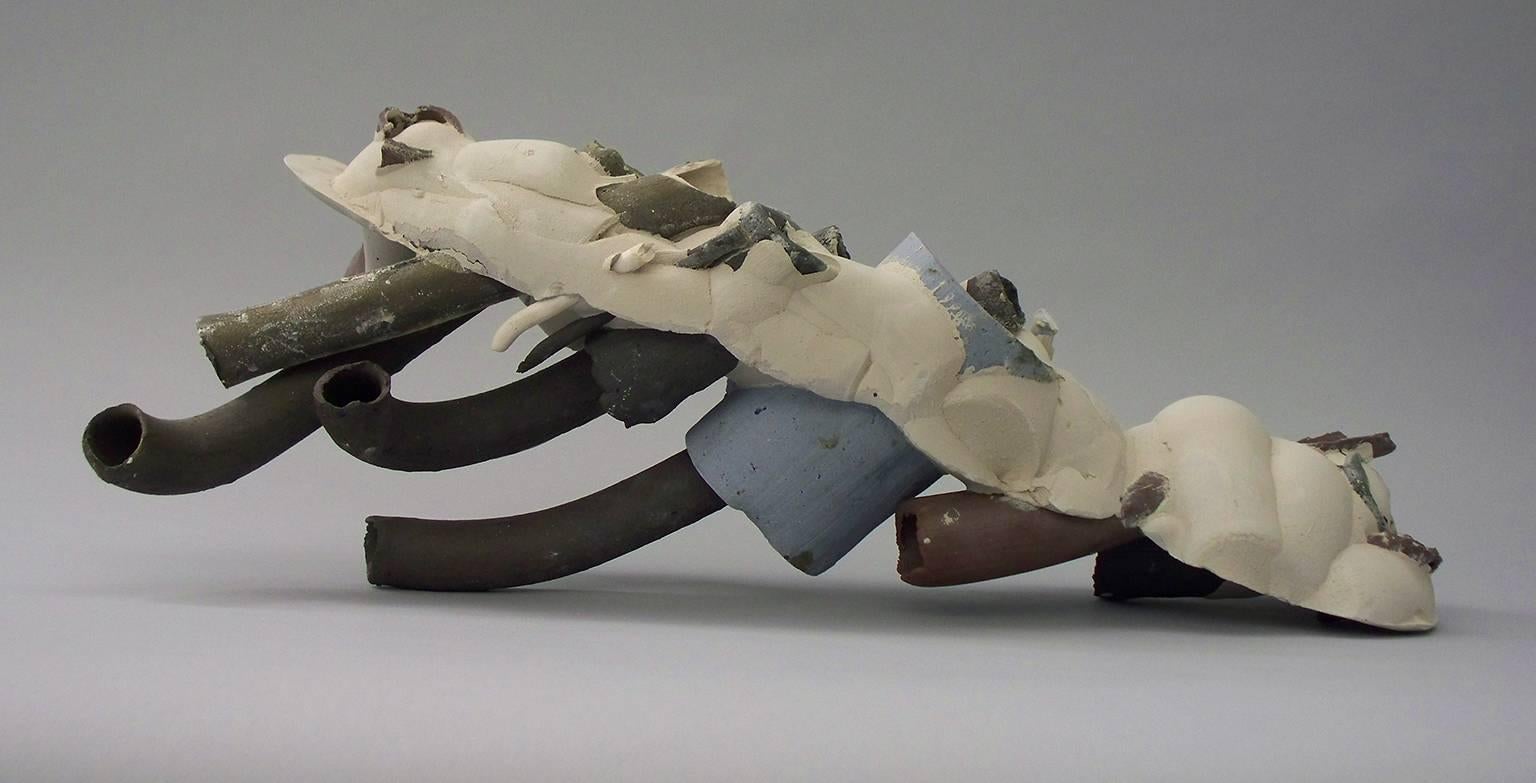 "Caterpillar", abstract, ceramic, neutral tones, white, gray, brown, sculpture