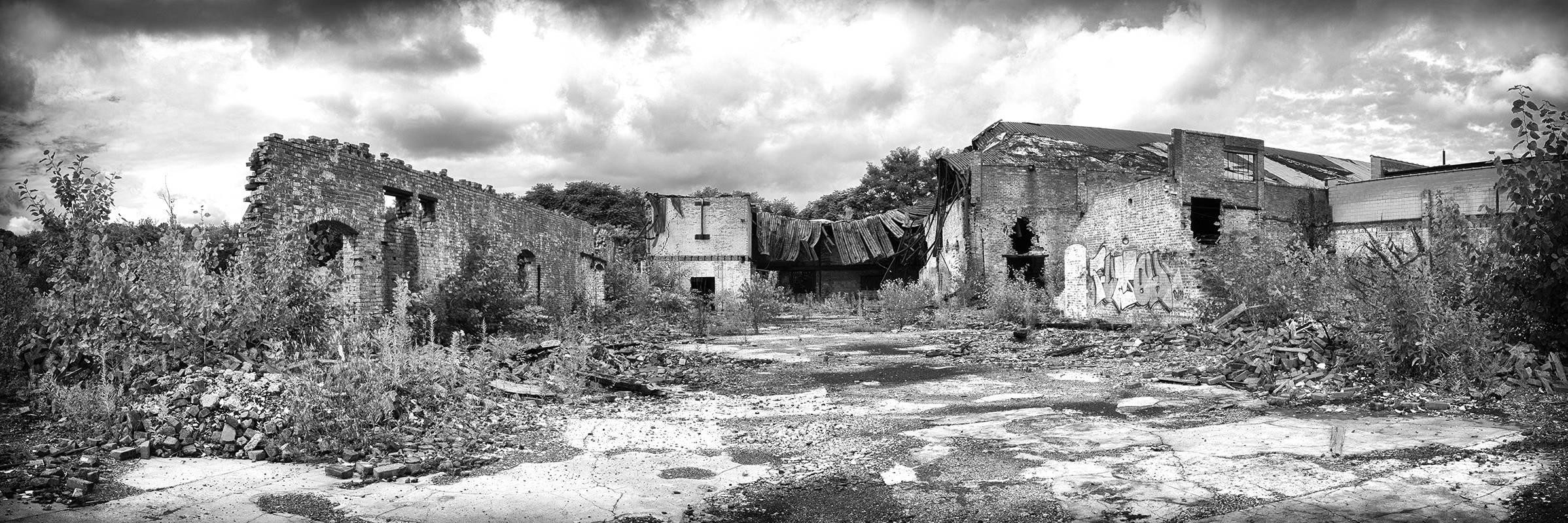 Rebecca Skinner Landscape Photograph - "The Factory", landscape, black and white, metal print, abandoned, photograph