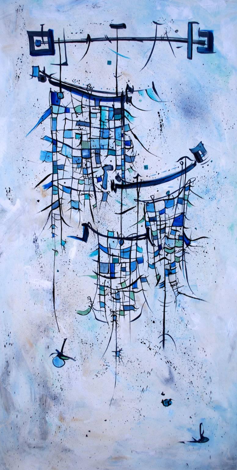 Anita Loomis Abstract Painting - "Blues", abstract, white, black, music, water, wind, oil painting