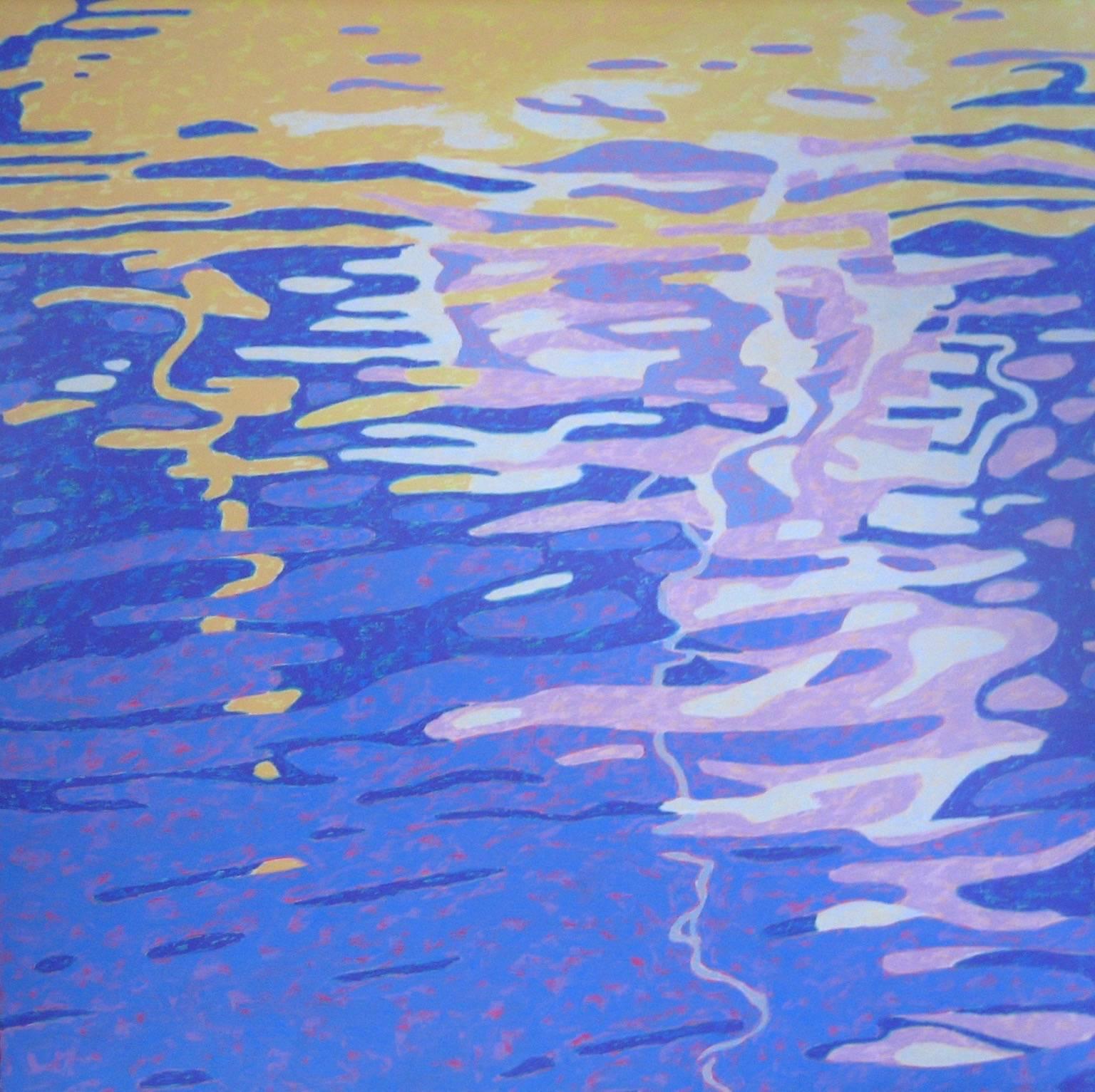 Marcia Wise Abstract Painting - "Dance on Water", abstract, landscape, blues, yellows, lavenders, oil painting
