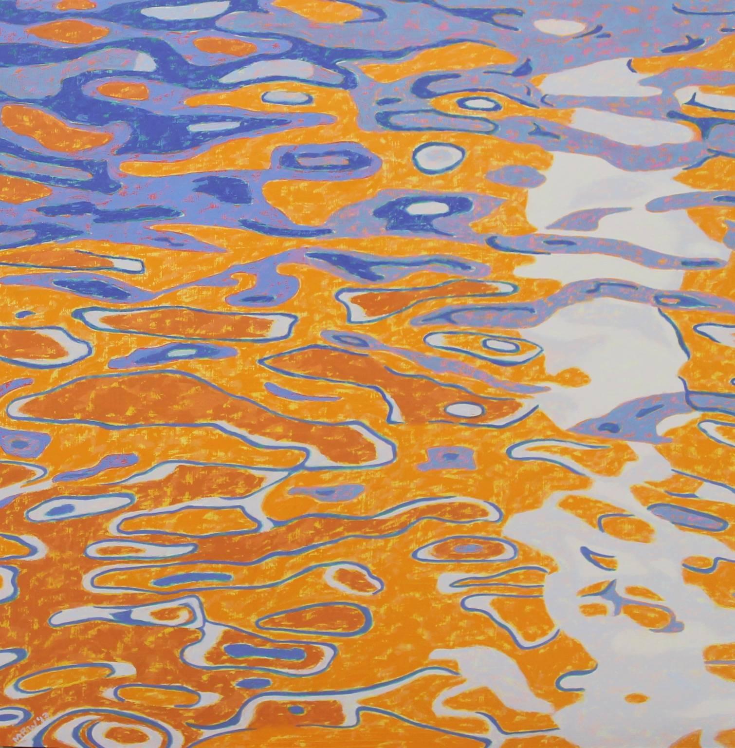 "Fall Reflections", oil painting, abstract, water, blues, oranges, yellows - Painting by Marcia Wise