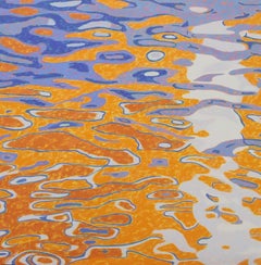 "Fall Reflections", oil painting, abstract, water, blues, oranges, yellows