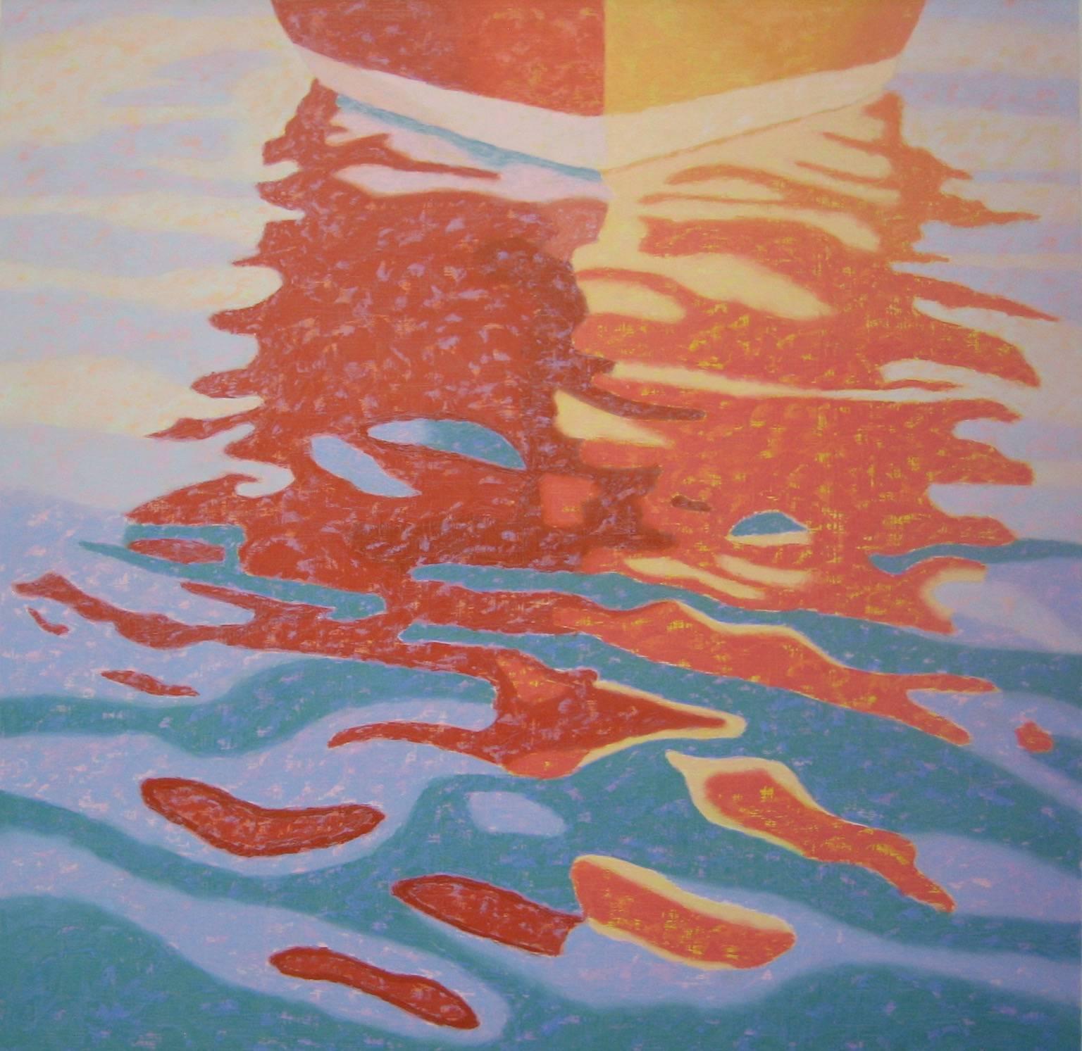 « Red Reflections », peinture à l'huile abstraite, paysage, bateau, eau, bleu, orange