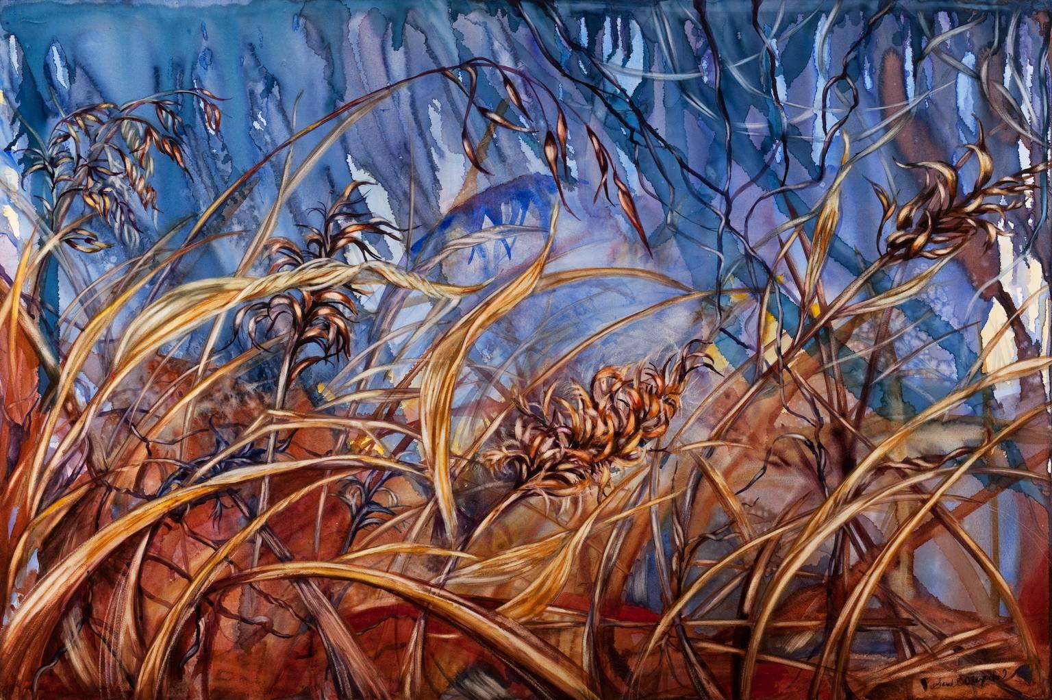Landscape Painting Sarah Alexander - « Allow », paysage, herbes de marais, tons bleus, peinture à l'aquarelle