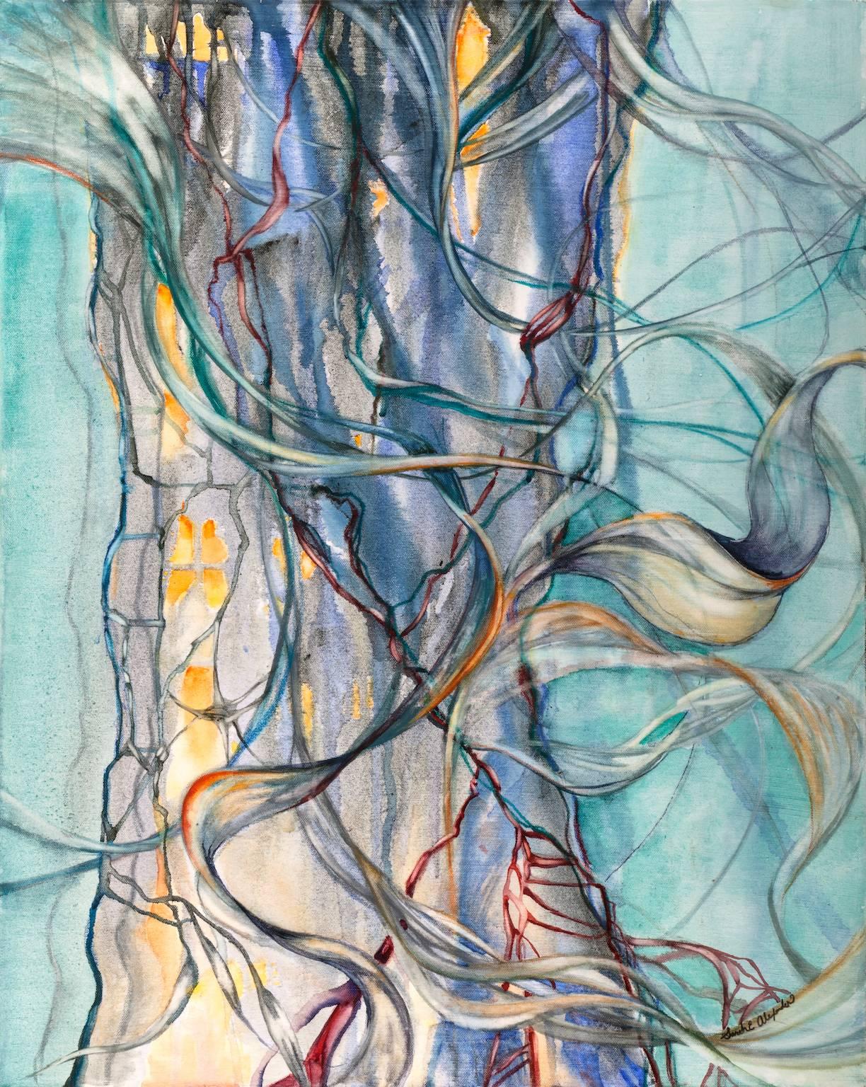 „Ebb and Flow“, abstrakte, surreale, türkisfarbene, blaue Aquarellmalerei