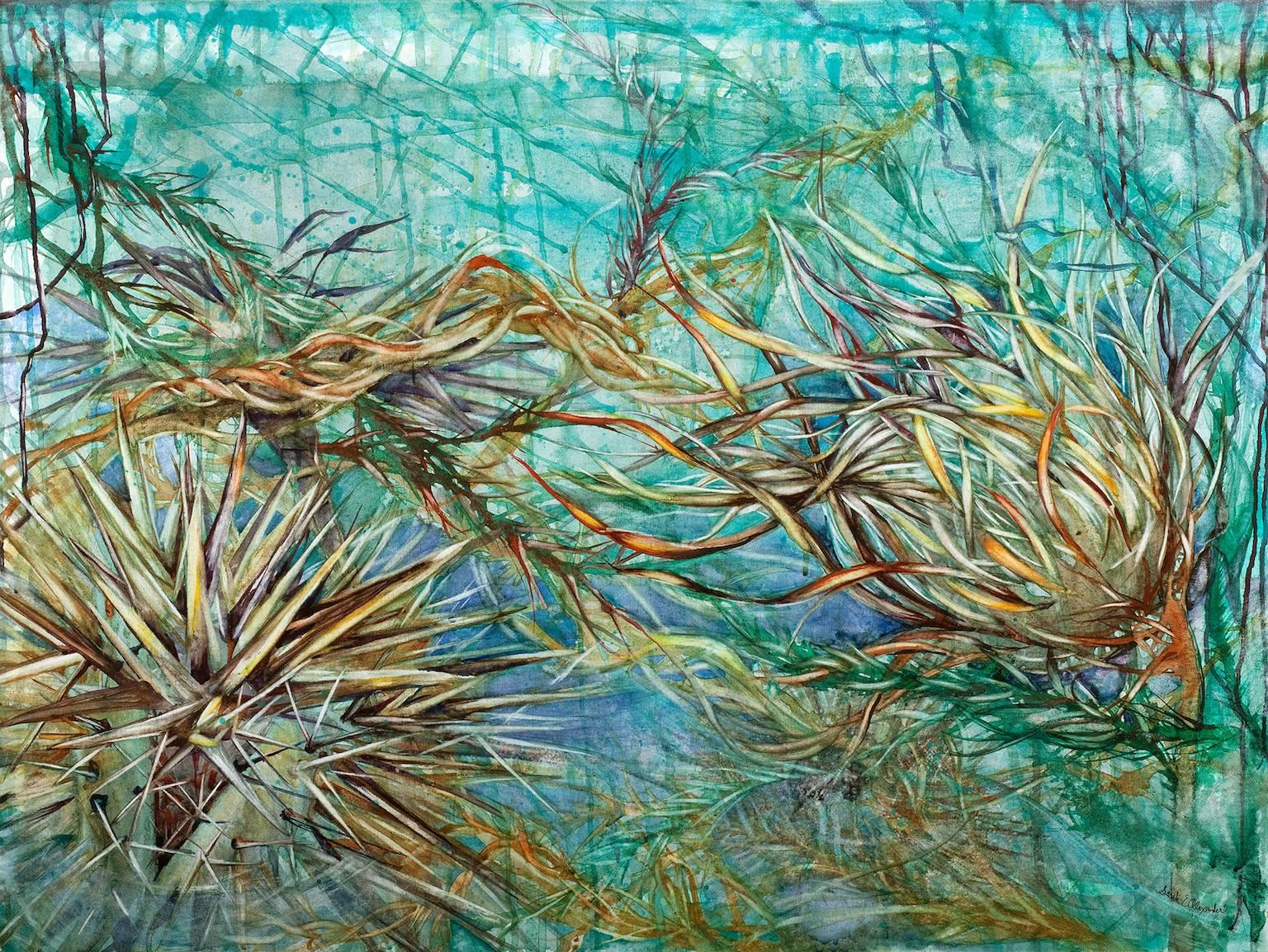 "Undertow", abstract, botanical, watercolor, painting, turquoises, blues