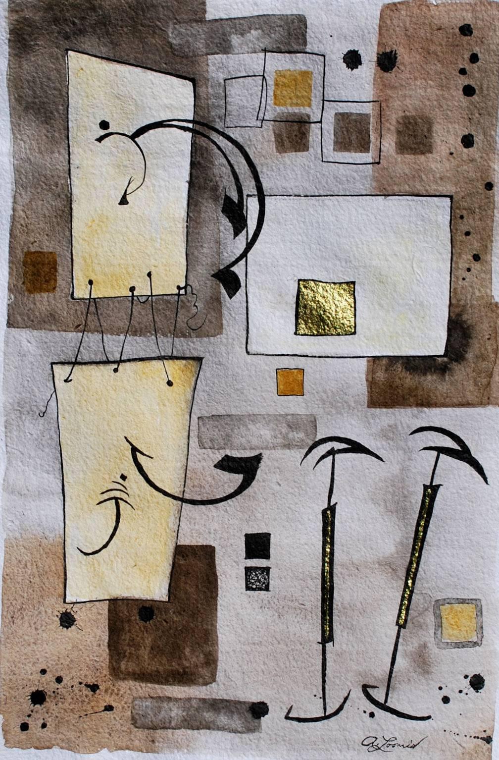 Abstract Drawing Anita Loomis - « The Couple », abstrait, minimaliste, feuille d'or, aquarelle