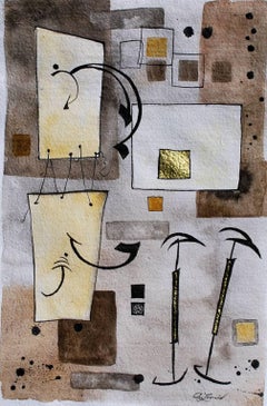« The Couple », abstrait, minimaliste, feuille d'or, aquarelle
