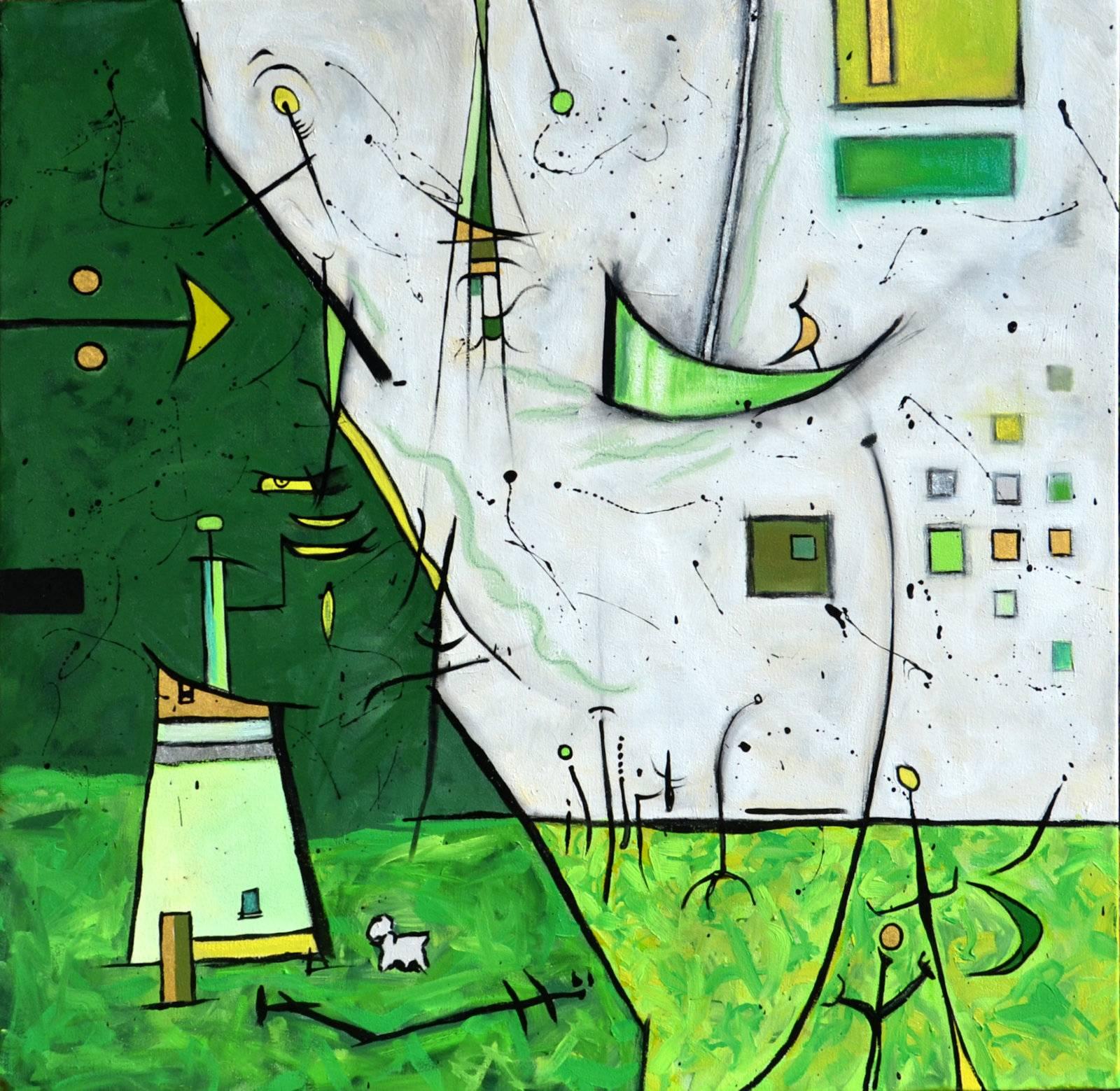 Anita Loomis Abstract Painting - "Expedition 1", expressionist, whimsical, green, oil painting