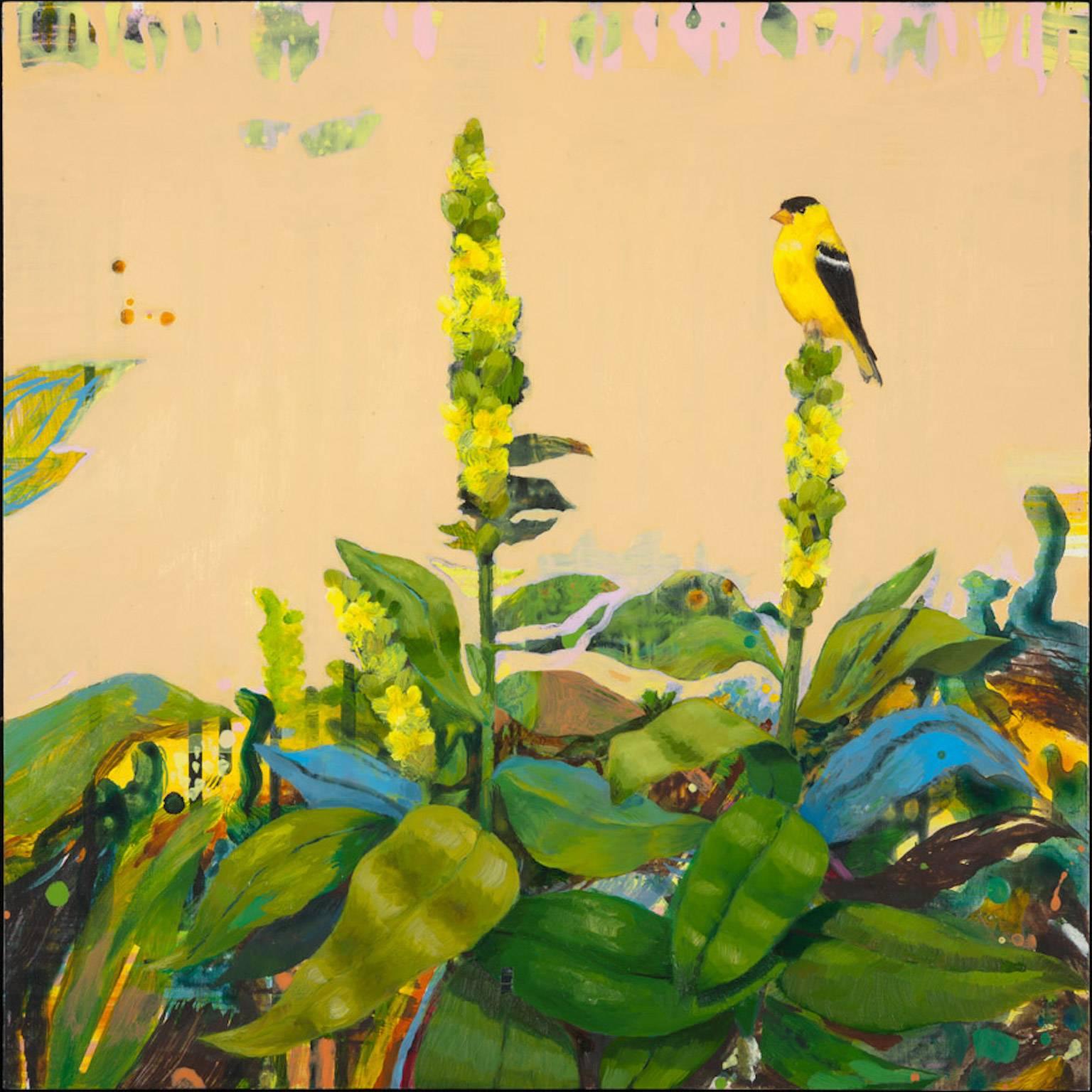 Anne Sargent Walker Still-Life Painting - "Goldfinch with Mullein", acrylic, oil painting, bird, green, yellow, peach