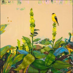 "Goldfinch with Mullein", acrylic, oil painting, bird, green, yellow, peach
