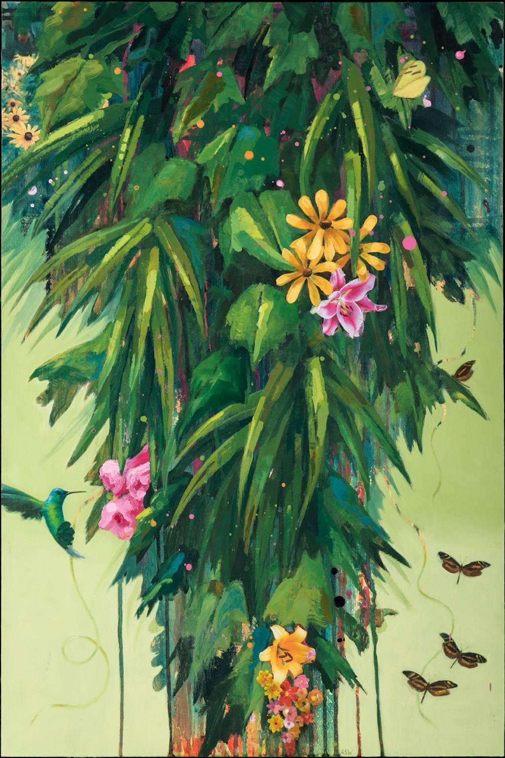 Anne Sargent Walker Still-Life Painting - "Flirtation Migration 4 (Yellow Flowers)", acrylic, oil, painting, green, pinks