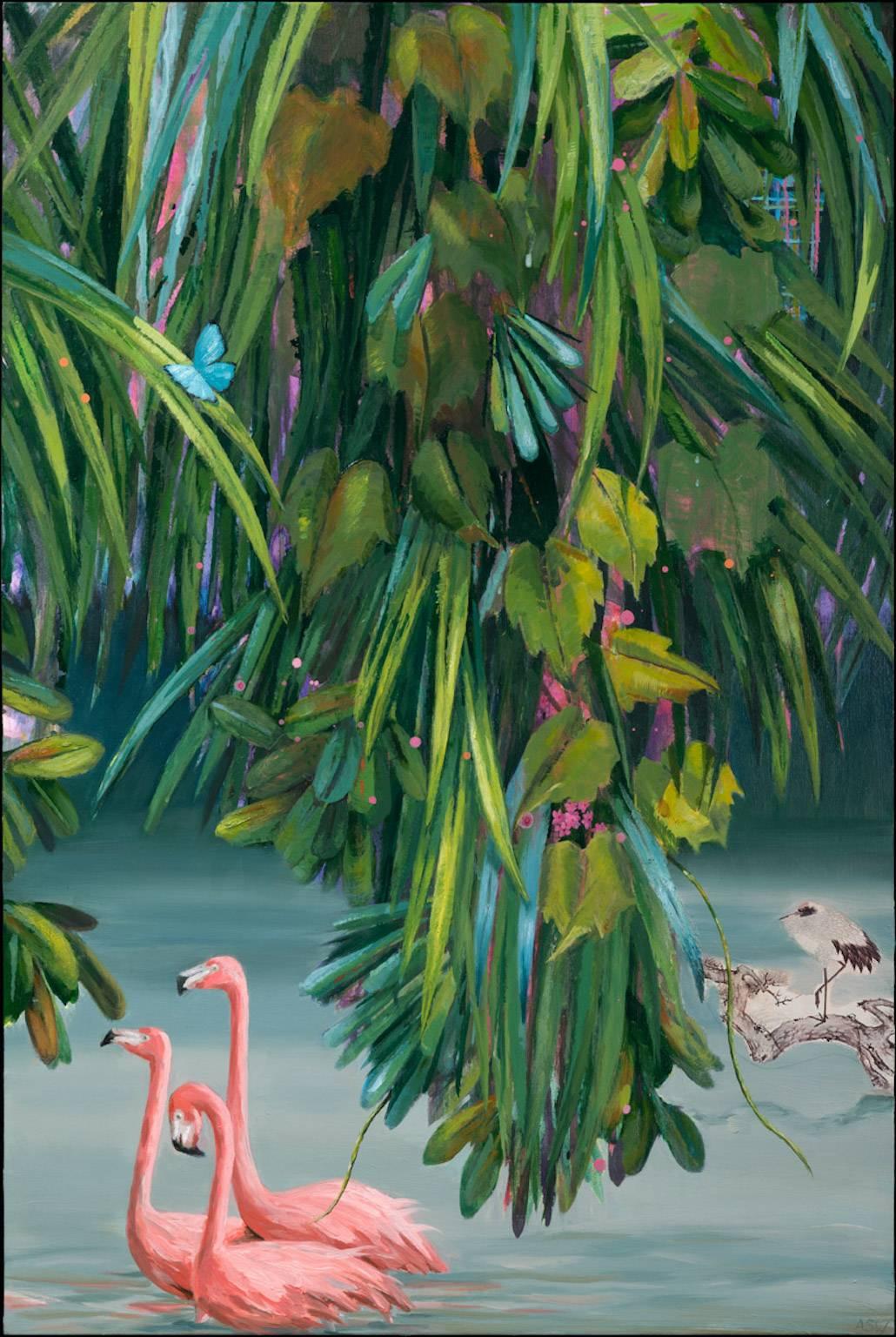 Anne Sargent Walker Landscape Painting - Flirtation Migration 6 (Flamingos)
