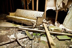 "Resting", abandoned, mill, Used, couch, industrial, color photograph