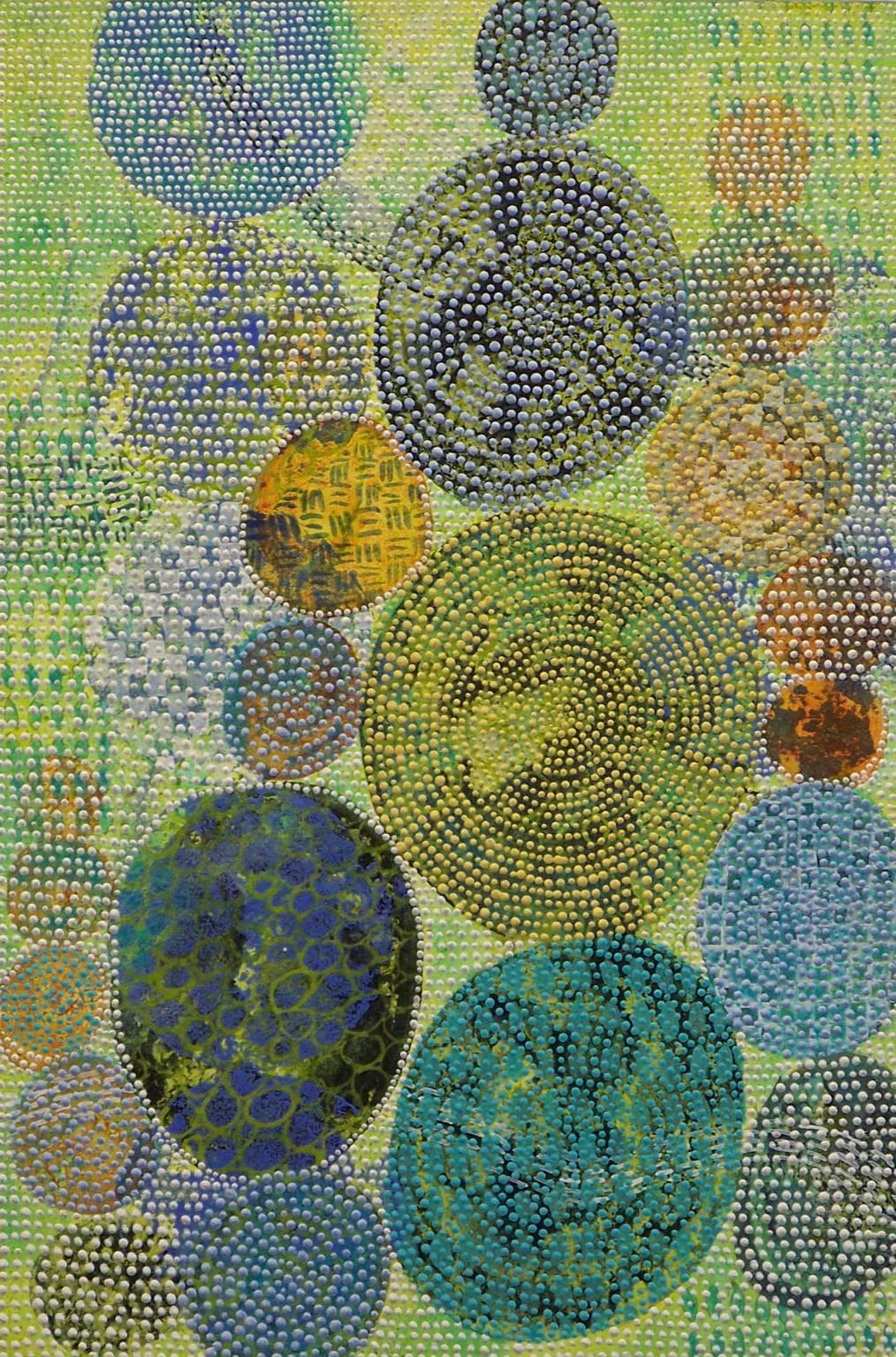 Denise Driscoll Abstract Painting - "Inner Garden 19", abstract, acrylic painting, circles, green, teal, silver