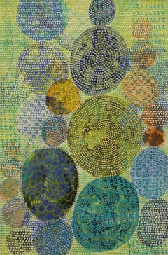 "Inner Garden 19", abstract, acrylic painting, circles, green, teal, silver