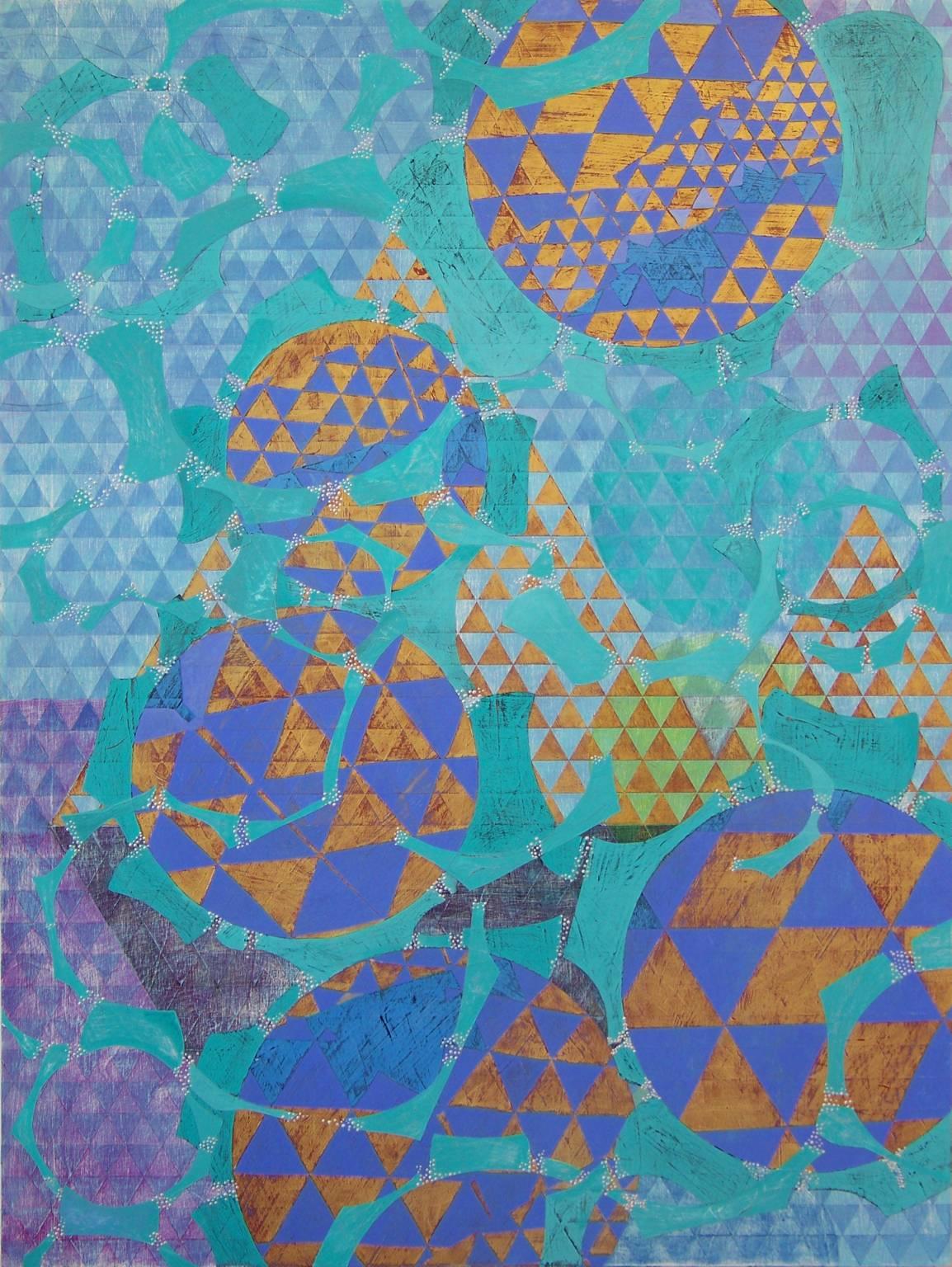 "Configuration", abstract, acrylic painting, geometric, triangles, blue, gold