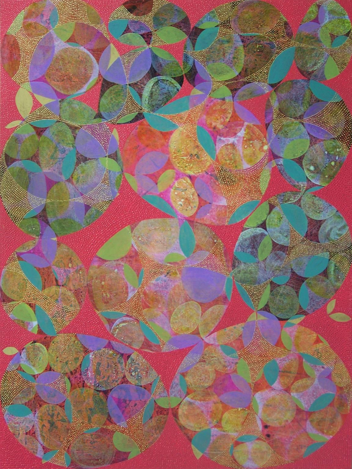 Denise Driscoll Abstract Painting - "Entanglement 1", abstract, red, gold, violet, green, orange, acrylic painting