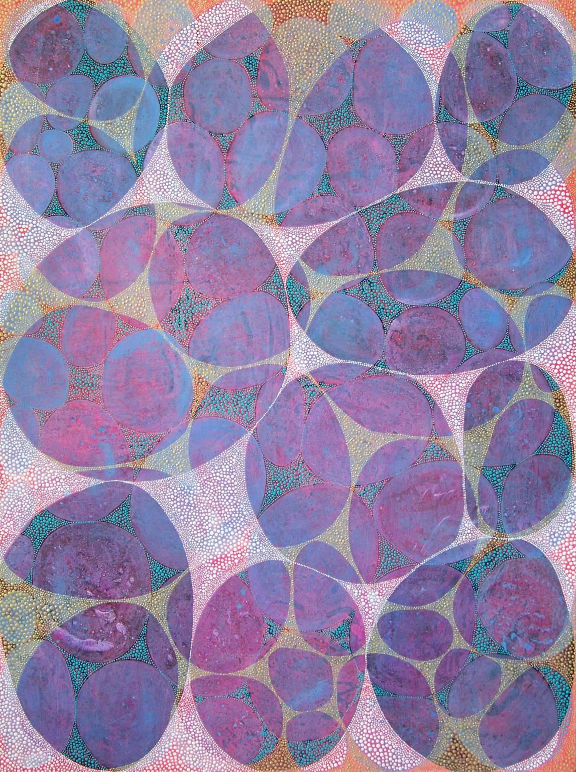 "Entanglement 3", abstrait, violets, bleus, sarcelle, rouge, or, peinture acrylique