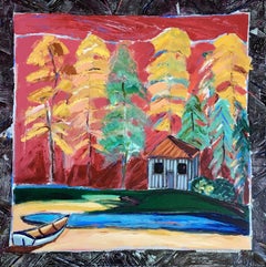 "The Edge of the Forest", Nan Hass Feldman, acrylic, landscape, house, boat, red