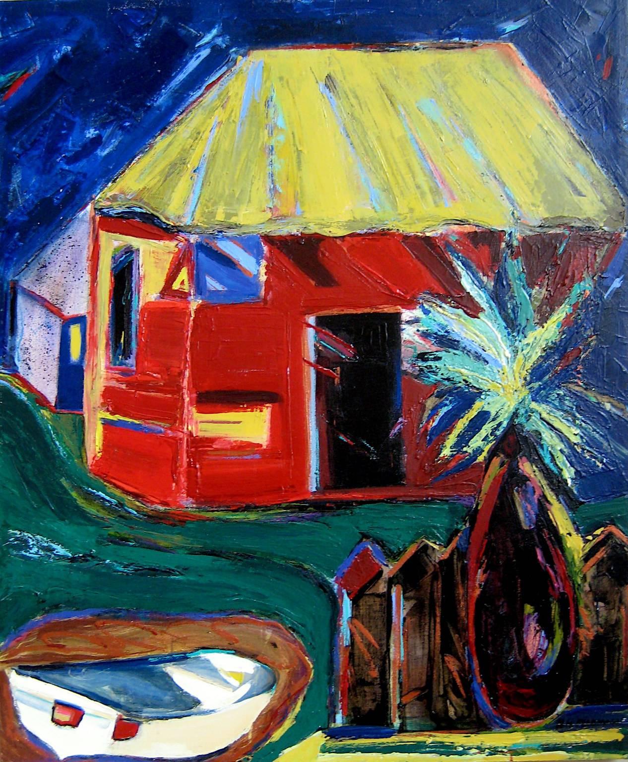 Nan Hass Feldman Landscape Painting – "The Red House", Landschaft, Baum, Boot, Himmel, gelb, blau, Acrylmalerei