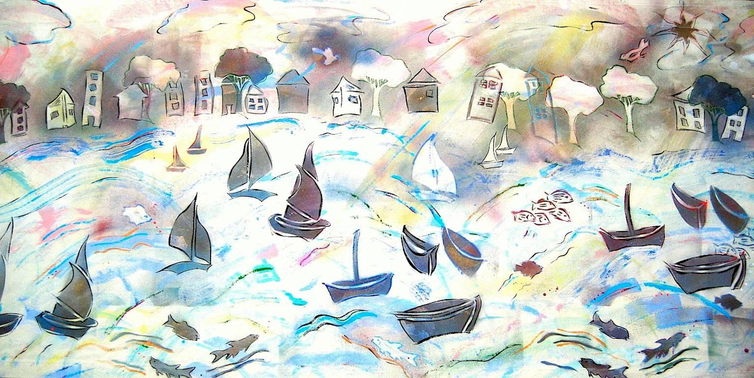 "Windy Harbor", acrylic painting, boats, fish, birds, water, houses, clouds - Painting by Nan Hass Feldman