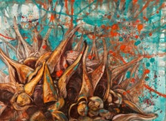 "Impacto", Pintura contemporánea, Vainas de semillas, Rojo, Azul, Acrílico, Acuarela, 2014
