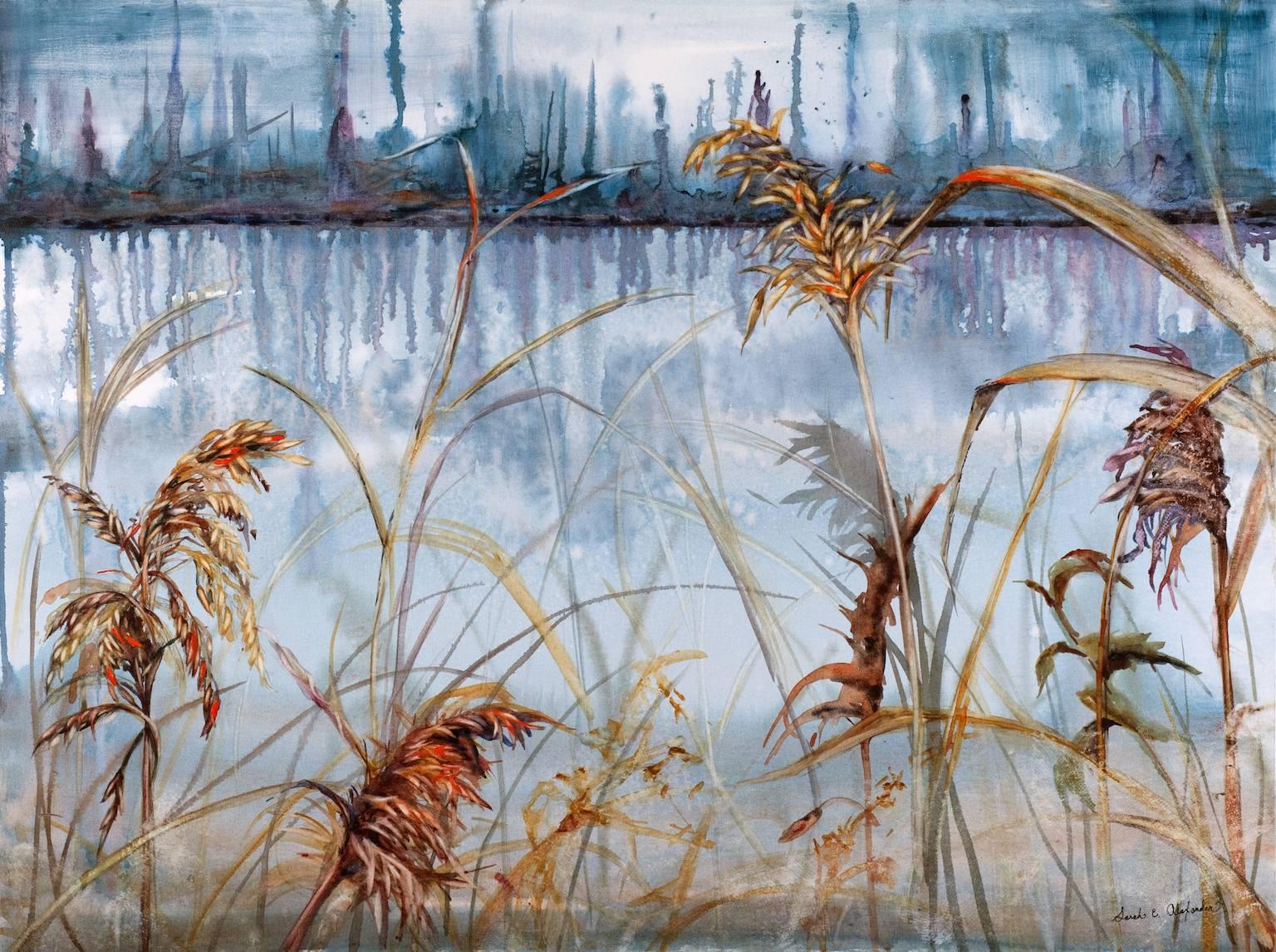 Landscape Art Sarah Alexander - "Musing", contemporain, paysage, marais, eau, bleu, rouge, peinture à l'aquarelle.