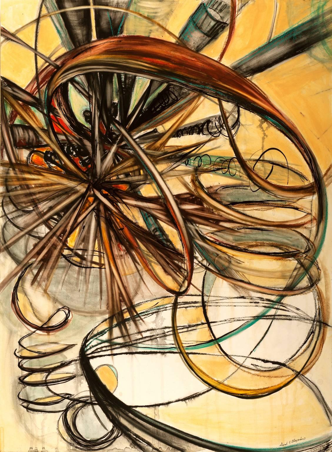 "Wired, Out of Time", abstract, charcoal, yellow, sepia, watercolor painting