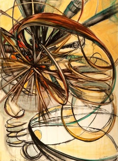 "Cableado, fuera de tiempo", pintura abstracta, carboncillo, amarillo, sepia, acuarela