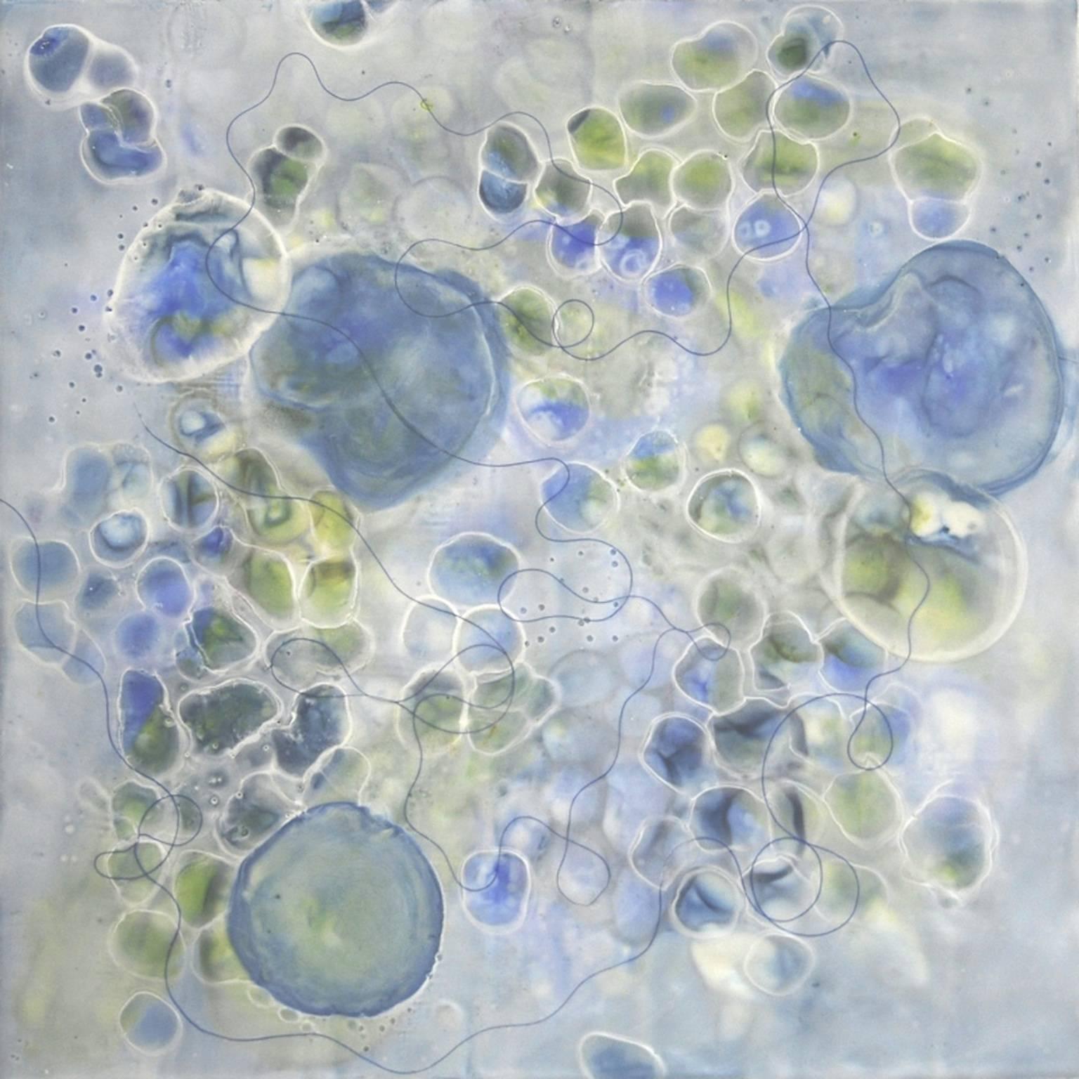 "Bio Flow 3", microscopic, blues, greens, whites, encaustic, pastel, mixed media