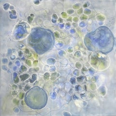 "Bio Flow 3", microscopic, blues, greens, whites, encaustic, pastel, mixed media