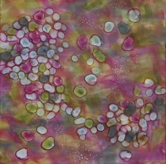 « Bio Flow 4 », abstrait, microscopique, cellules, rose, vert, gris, encaustique, pastel