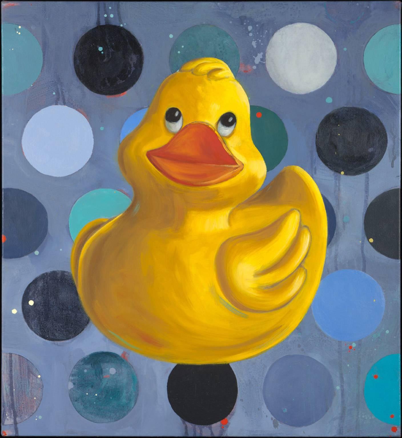 "Becalmed", oil, acrylic, painting, toy, duck, yellow, blue, polka dots - Painting by Anne Sargent Walker