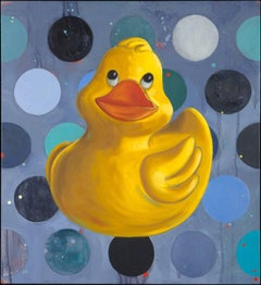 "Becalmed", oil, acrylic, painting, toy, duck, yellow, blue, polka dots