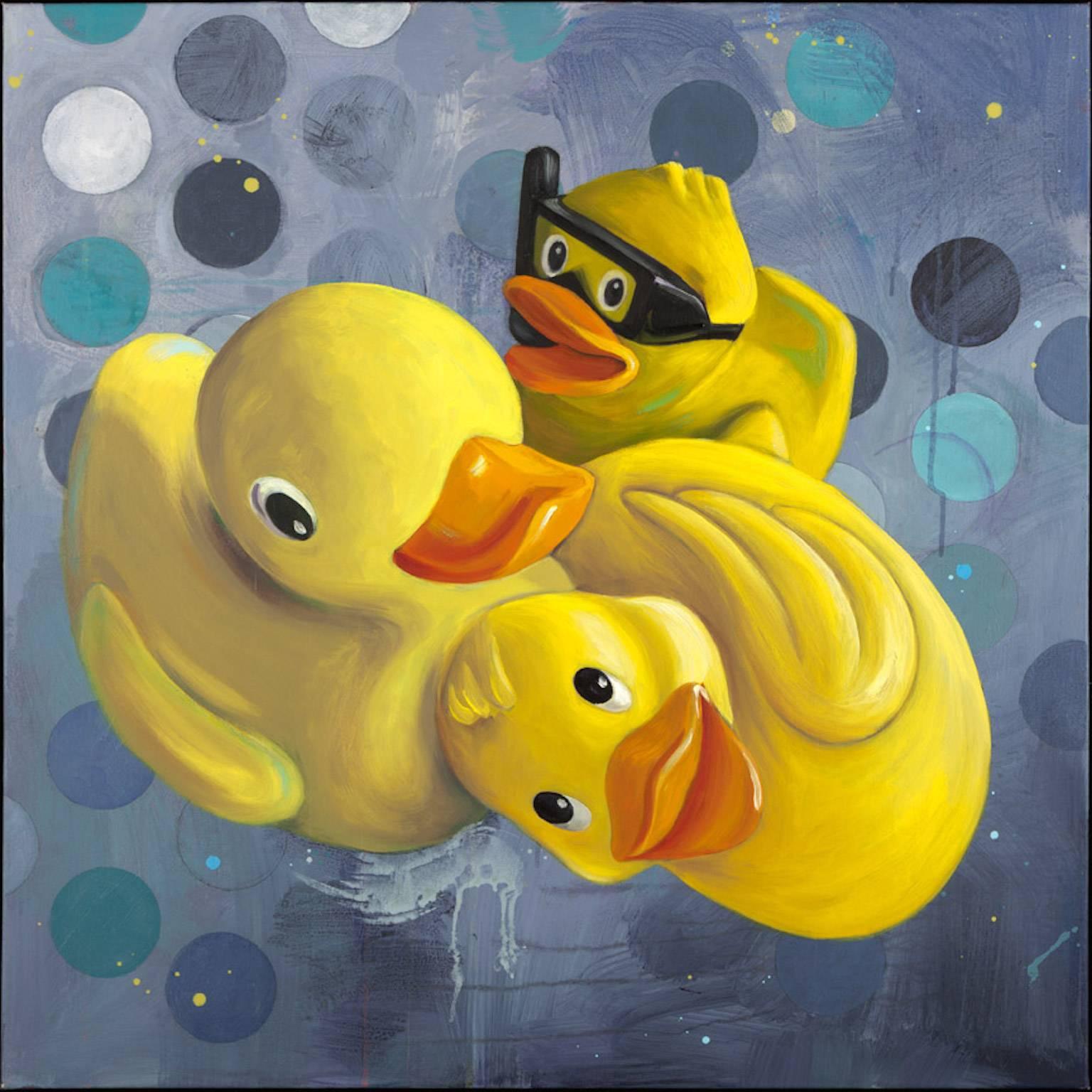 "Pile Up", contemporary, toy, ducks, yellow, grey, blue, acrylic, oil painting - Mixed Media Art by Anne Sargent Walker