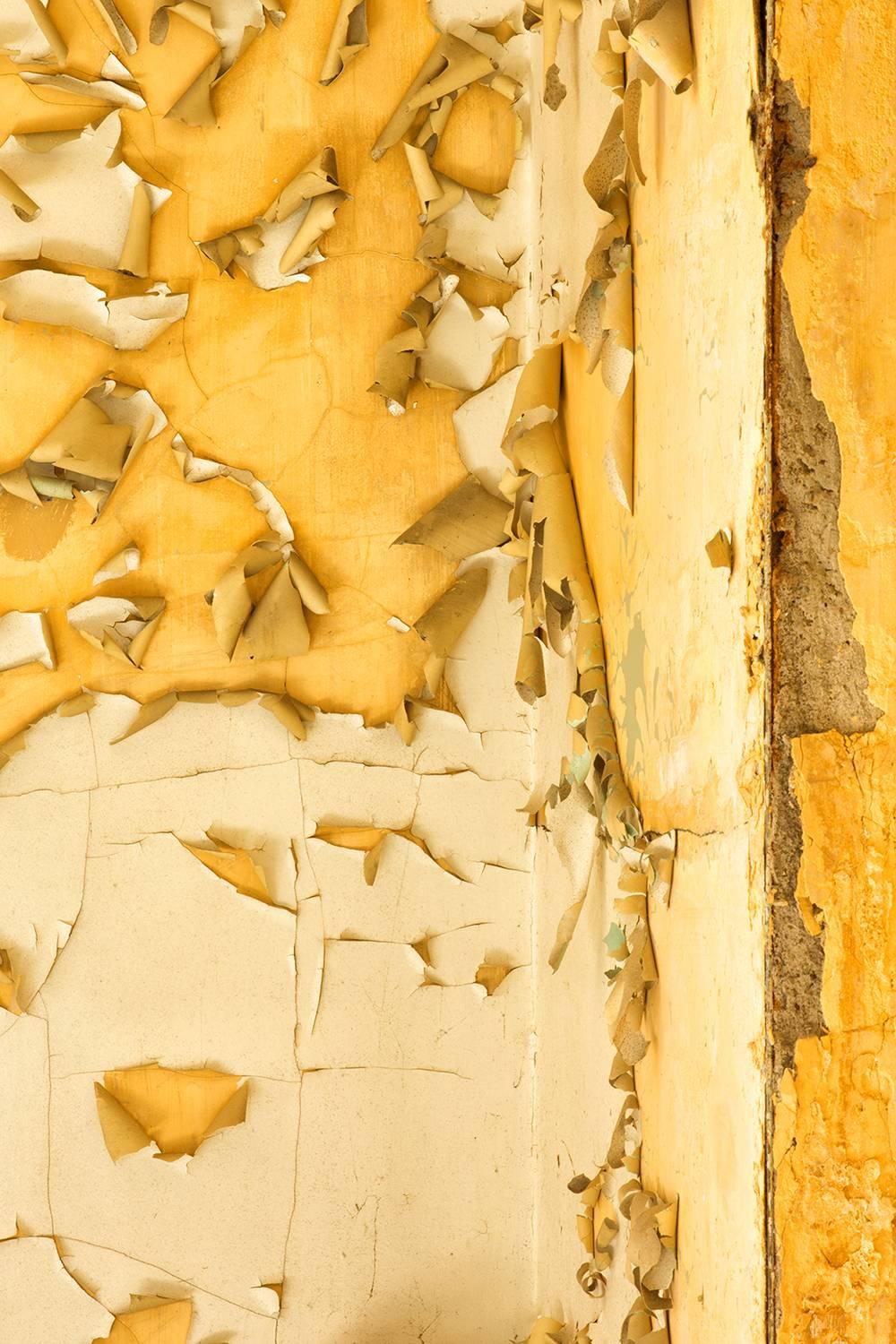 Rebecca Skinner Still-Life Photograph - "Time", abstract, yellow peeling paint, metal print, color photograph
