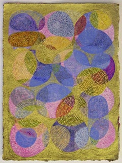 "Inner Garden 4", abstract, mixed media, painting, gold, blue, magenta