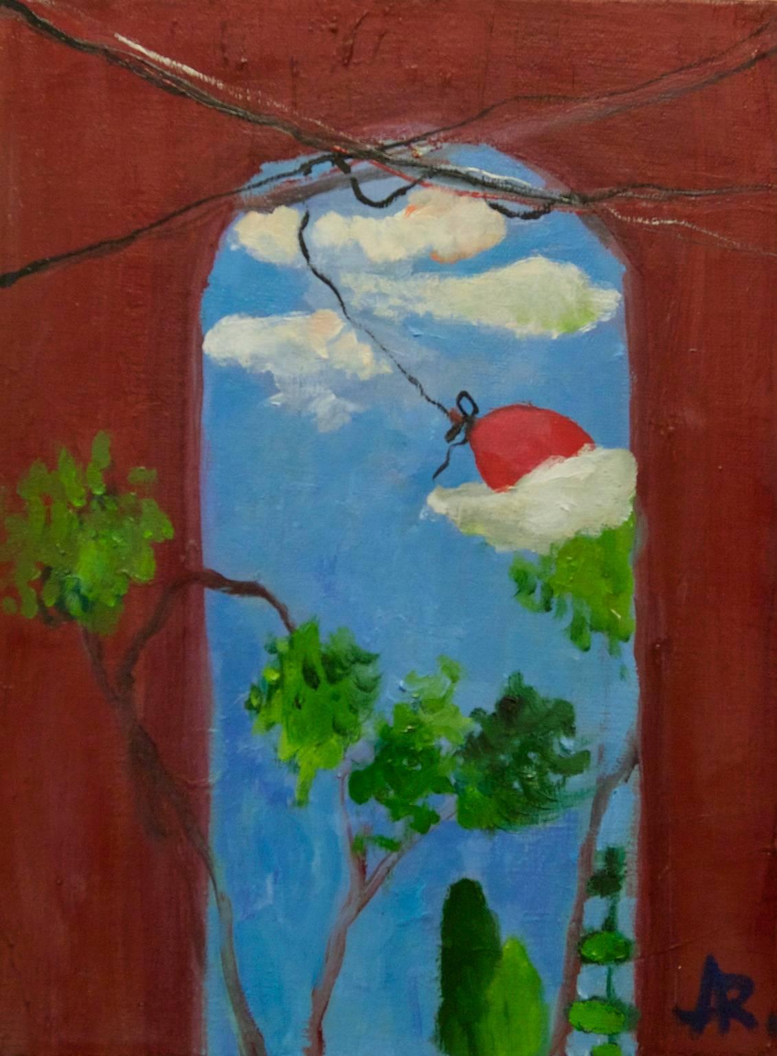 Alexandra Rozenman Landscape Painting - "Red One", contemporary, arch, trees, sky, blue, green, orange, oil painting