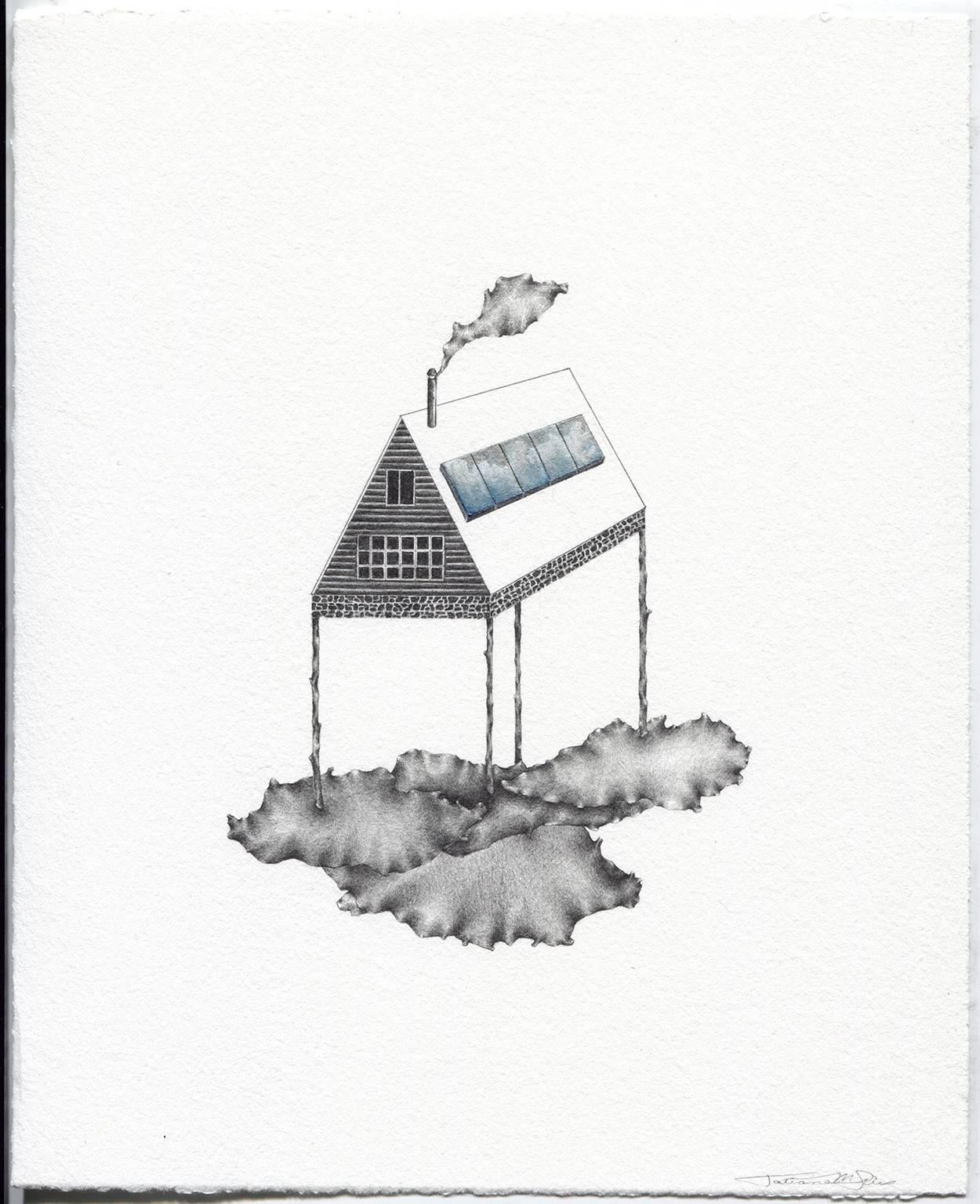 "Cloud Minder", graphite, gouache, drawing, house, landscape, silver, blue - Mixed Media Art by Tatiana Flis